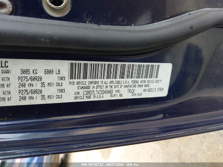 2012 Dodge Ram 1500 Slt VIN: 1C6RD7LTXCS349483 Lot: 39743722