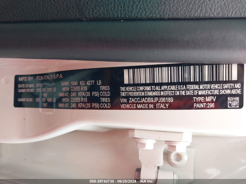 2018 Jeep Renegade Limited Fwd VIN: ZACCJADB9JPJ06189 Lot: 39743730