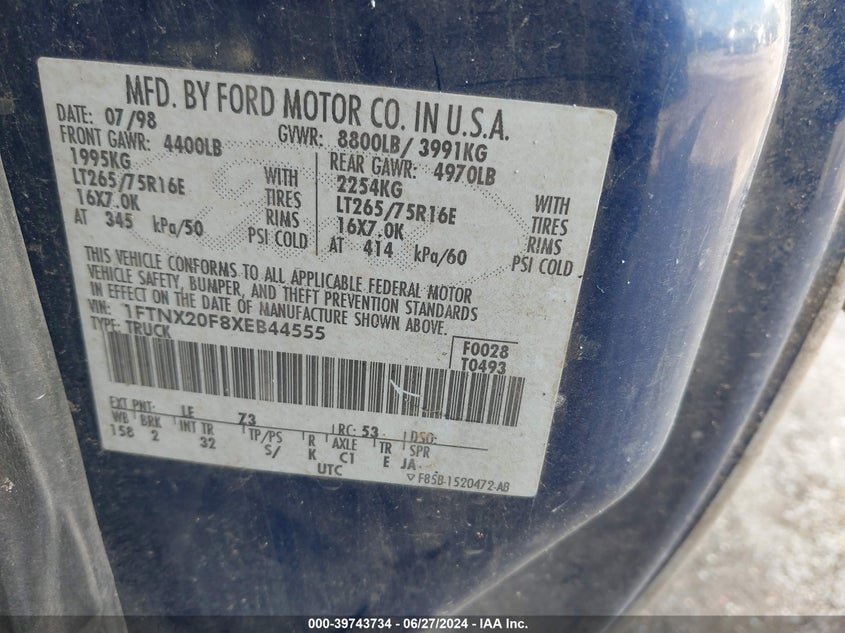 1999 Ford F-250 Lariat/Xl/Xlt VIN: 1FTNX20F8XEB44555 Lot: 39743734