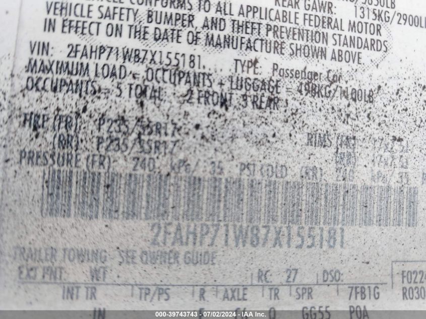 2007 Ford Crown Victoria Police Interceptor VIN: 2FAHP71W87X155181 Lot: 39743743