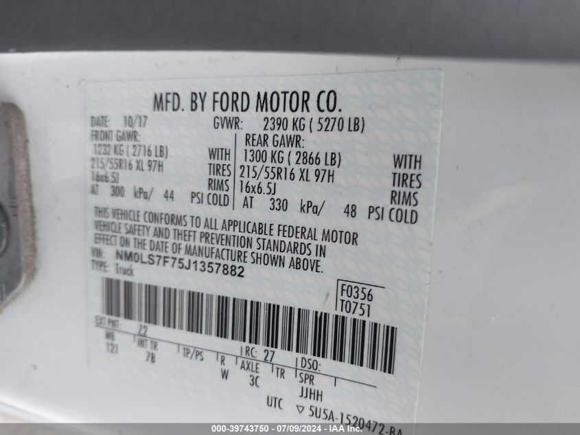 2018 Ford Transit Connect Xlt VIN: NM0LS7F75J1357882 Lot: 39743750