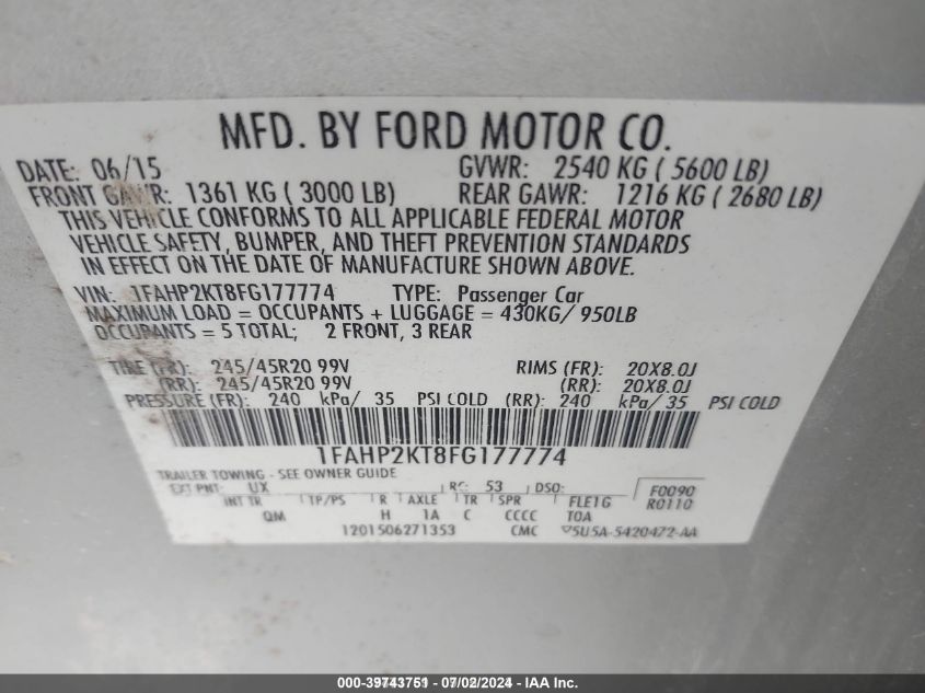 1FAHP2KT8FG177774 2015 Ford Taurus Sho