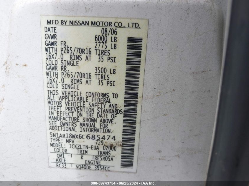 2006 Nissan Pathfinder Se VIN: 5N1AR18WX6C685474 Lot: 39743754