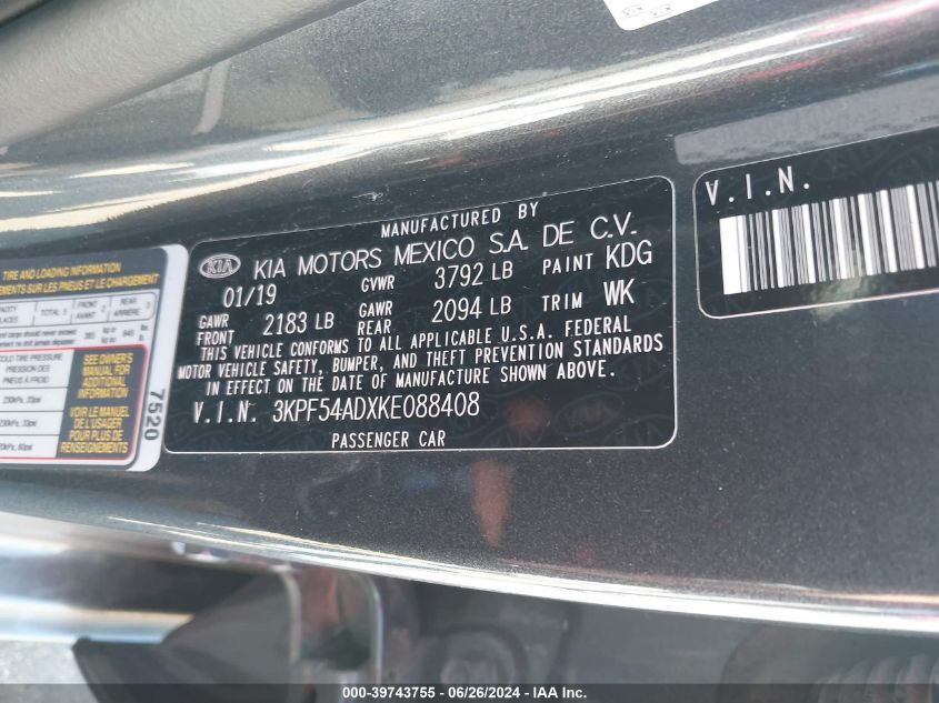 2019 Kia Forte Ex VIN: 3KPF54ADXKE088408 Lot: 39743755