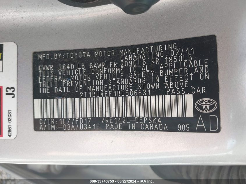 2011 Toyota Corolla S VIN: 2T1BU4EE1BC586631 Lot: 39743759