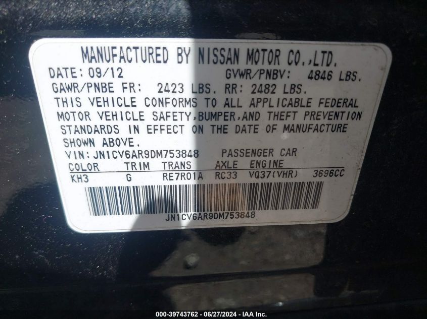 2013 Infiniti G37X VIN: JN1CV6AR9DM753848 Lot: 39743762