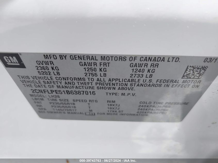 2011 Chevrolet Equinox 2Lt VIN: 2CNFLPE51B6387016 Lot: 39743763