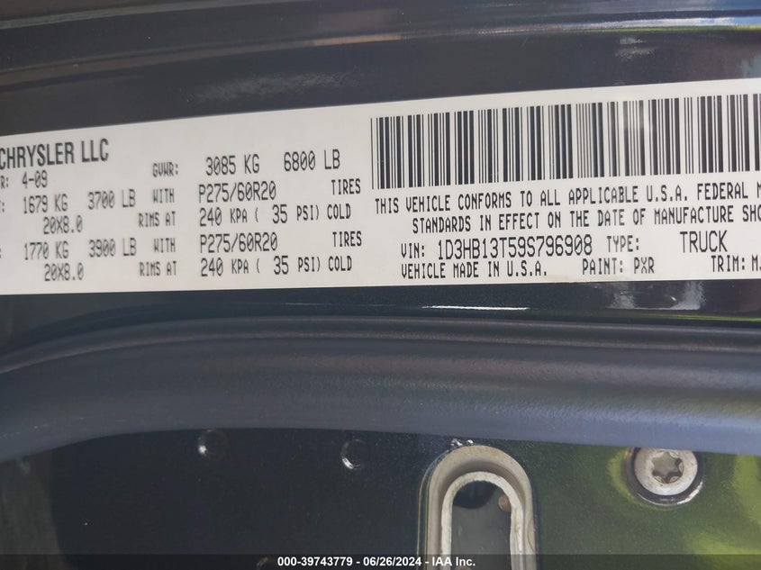 2009 Dodge Ram 1500 VIN: 1D3HB13T59S796908 Lot: 39743779