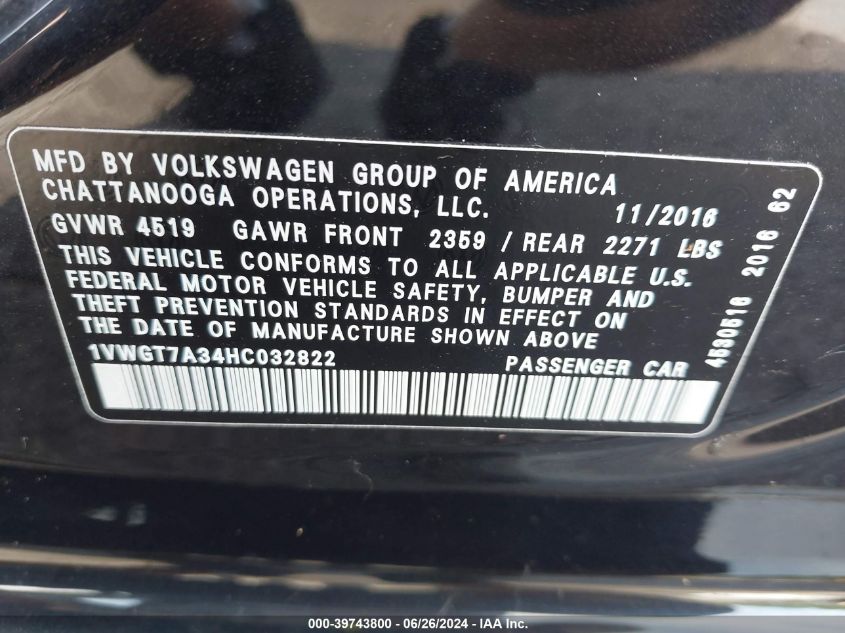 2017 Volkswagen Passat Se VIN: 1VWGT7A34HC032822 Lot: 39743800