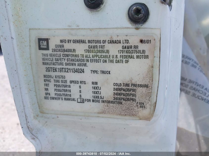 2002 GMC Sierra 1500 Sle VIN: 2GTEK19TX21134024 Lot: 39743810