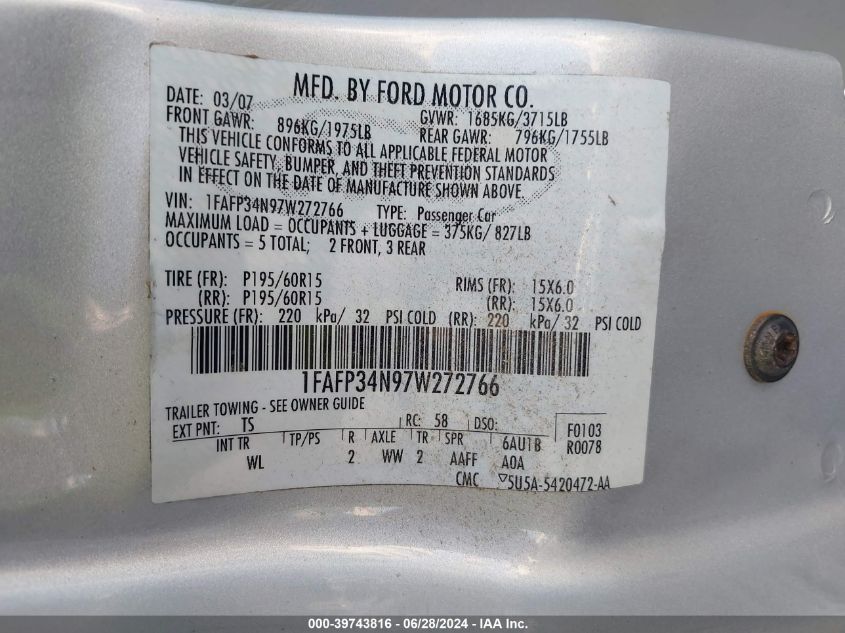 2007 Ford Focus Zx4/S/Se/Ses VIN: 1FAFP34N97W272766 Lot: 39743816