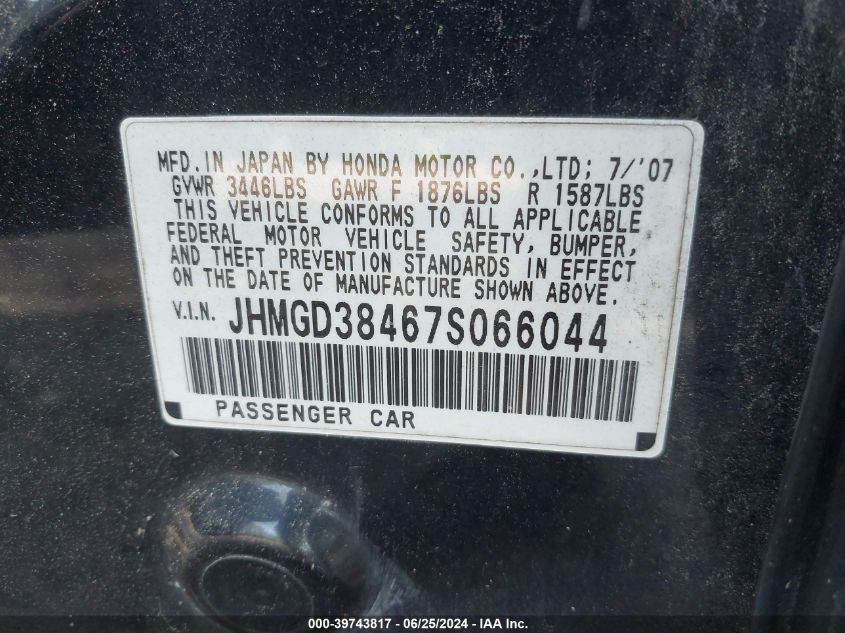 2007 Honda Fit VIN: JHMGD38467S066044 Lot: 39743817