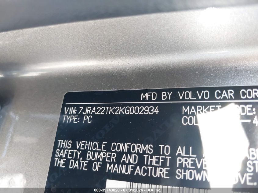 2019 Volvo S60 T6 Momentum VIN: 7JRA22TK2KG002934 Lot: 39743820