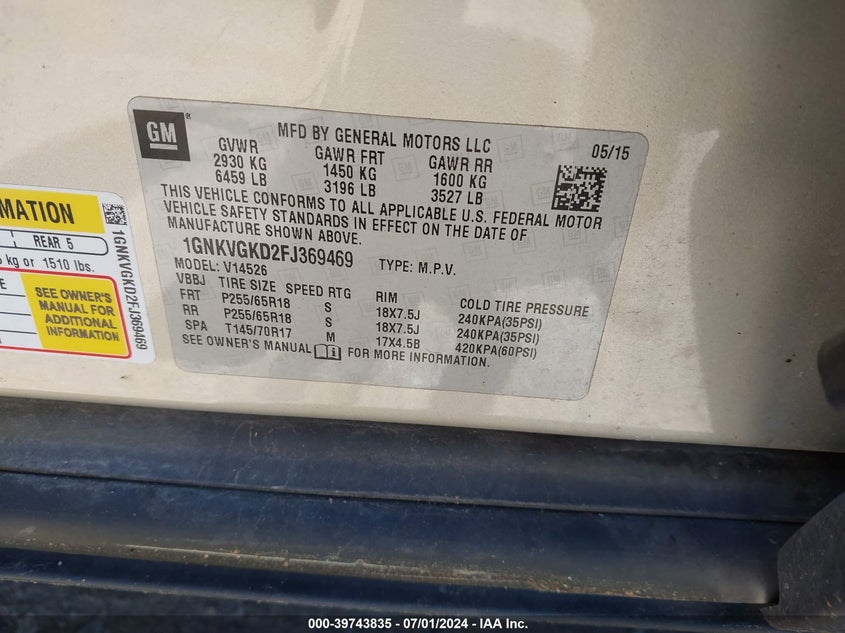 2015 Chevrolet Traverse 1Lt VIN: 1GNKVGKD2FJ369469 Lot: 39743835