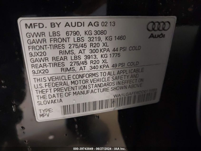 WA1LGAFE6DD011689 2013 Audi Q7 3.0T Premium