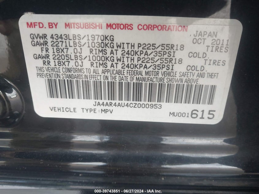 2012 Mitsubishi Outlander Sport Se VIN: JA4AR4AU4CZ000953 Lot: 39743851