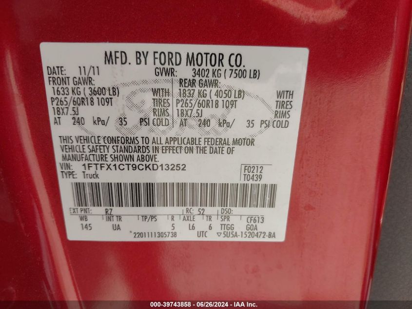 2012 Ford F150 Super Cab VIN: 1FTFX1CT9CKD13252 Lot: 39743858