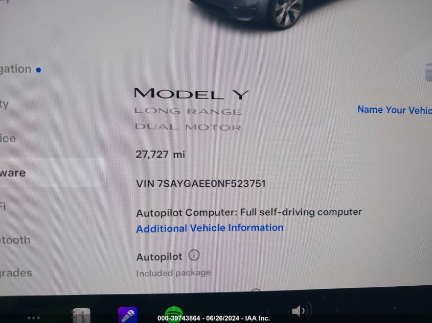 2022 Tesla Model Y Long Range Dual Motor All-Wheel Drive VIN: 7SAYGAEE0NF523751 Lot: 39743864