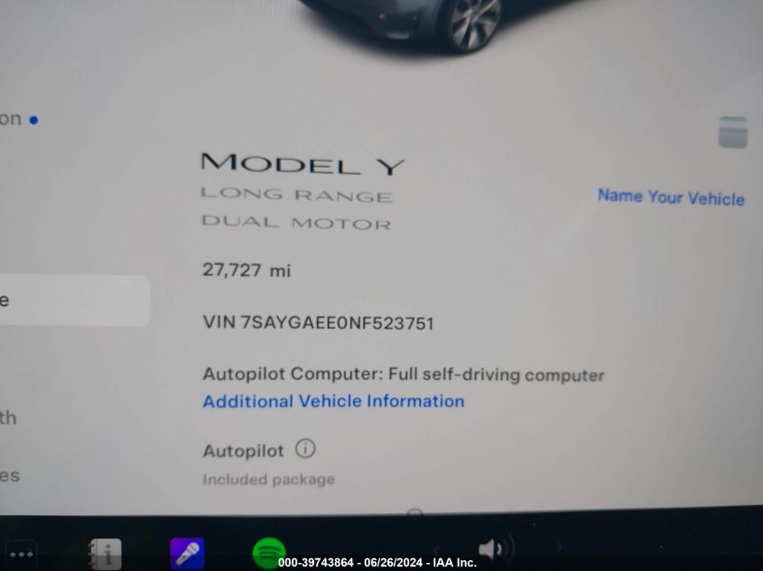 2022 Tesla Model Y Long Range Dual Motor All-Wheel Drive VIN: 7SAYGAEE0NF523751 Lot: 39743864