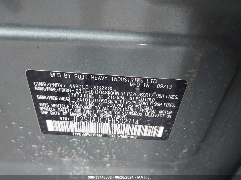 2014 Subaru Forester 2.5I Limited VIN: JF2SJAJC7EH502714 Lot: 39743882