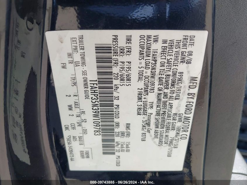 2009 Ford Focus Se VIN: 1FAHP35N39W109783 Lot: 39743885