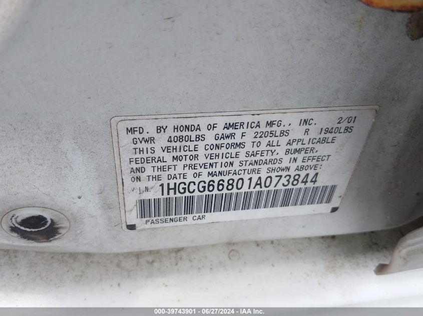 2001 Honda Accord 2.3 Ex VIN: 1HGCG66801A073844 Lot: 39743901