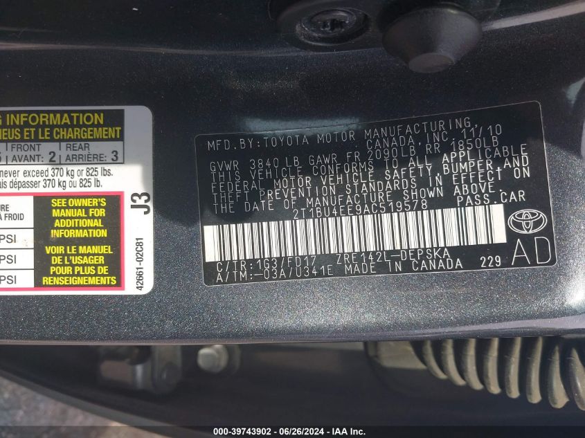 2010 Toyota Corolla S/Le/Xle VIN: 2T1BU4EE9AC519578 Lot: 39743902