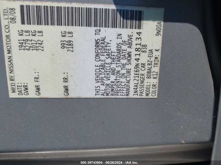 2009 Nissan Altima 2.5 S VIN: 1N4AL21E69N418134 Lot: 39743904