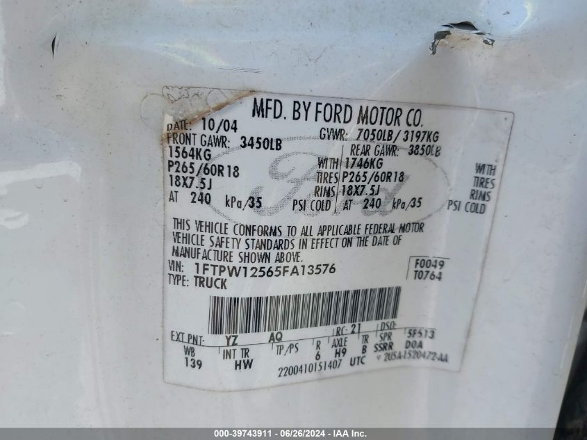 2005 Ford F-150 Lariat/Xlt VIN: 1FTPW12565FA13576 Lot: 39743911