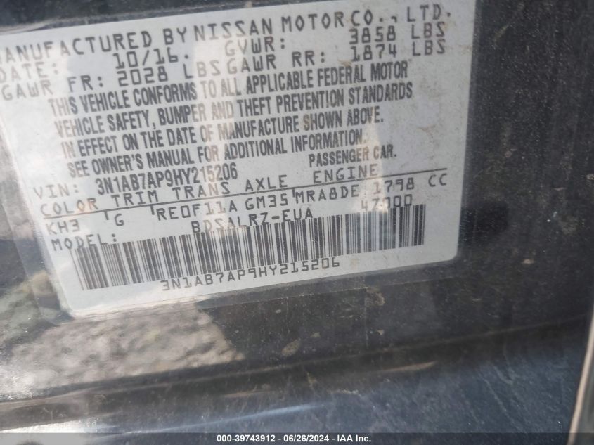 2017 Nissan Sentra Sr VIN: 3N1AB7AP9HY215206 Lot: 39743912