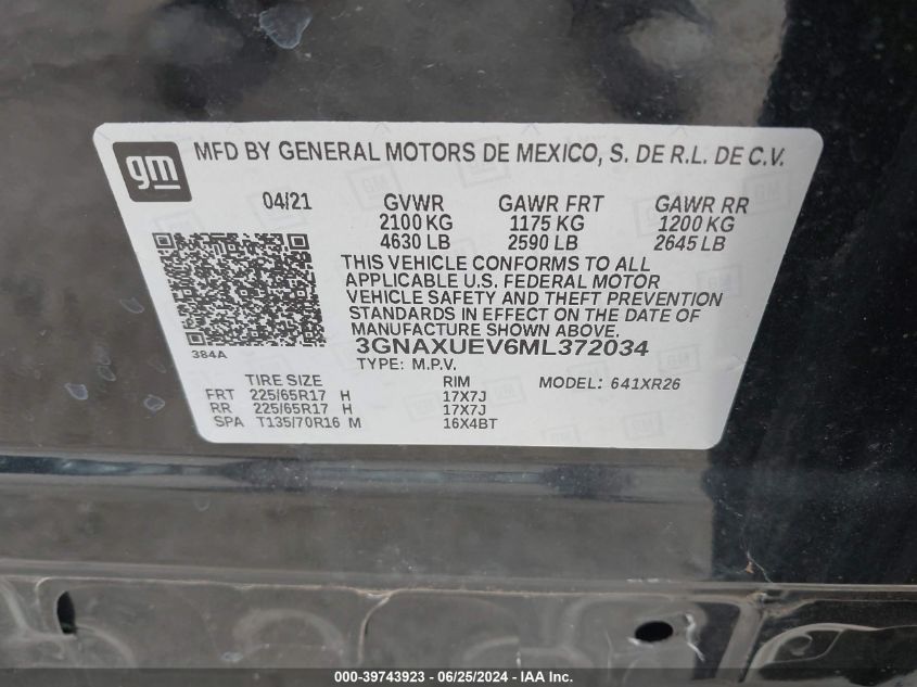 2021 Chevrolet Equinox Awd Lt VIN: 3GNAXUEV6ML372034 Lot: 39743923