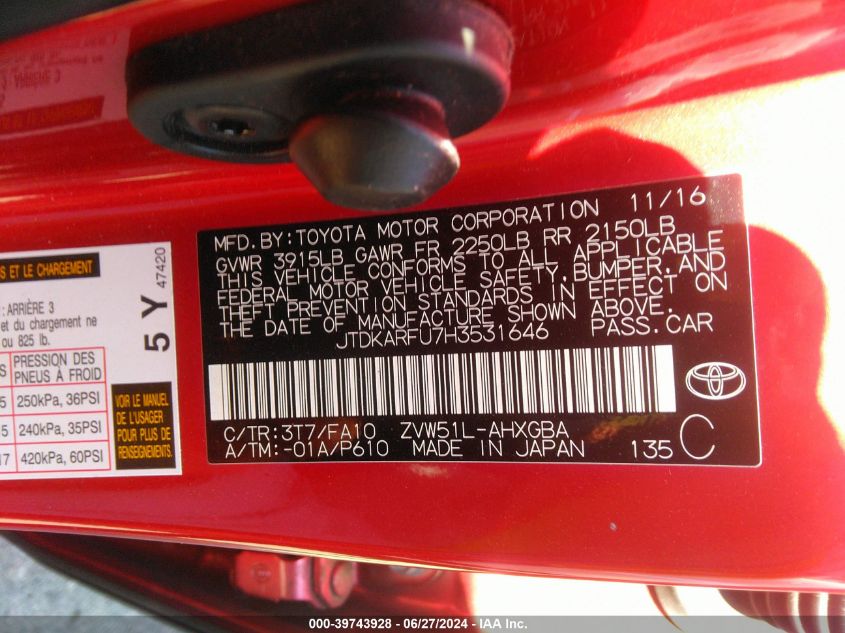 2017 Toyota Prius Three VIN: JTDKARFU7H3531646 Lot: 39743928