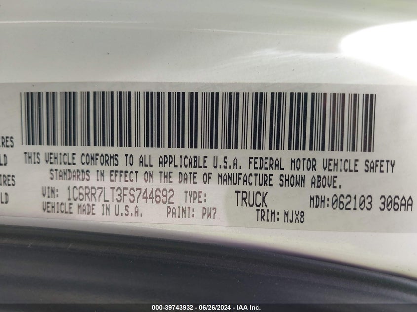2015 Ram 1500 Big Horn VIN: 1C6RR7LT3FS744692 Lot: 39743932
