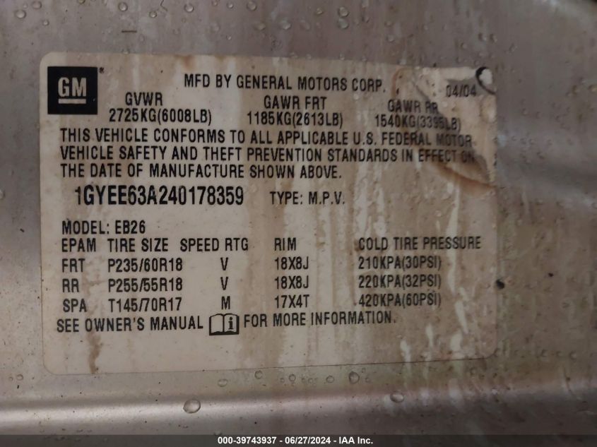 2004 Cadillac Srx V8 VIN: 1GYEE63A240178359 Lot: 39743937