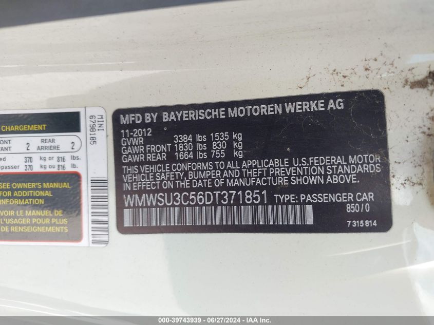 2013 MINI HARDTOP COOPER - WMWSU3C56DT371851