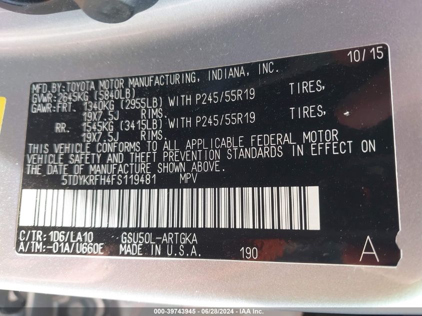 2015 Toyota Highlander Limited V6 VIN: 5TDYKRFH4FS119481 Lot: 39743945