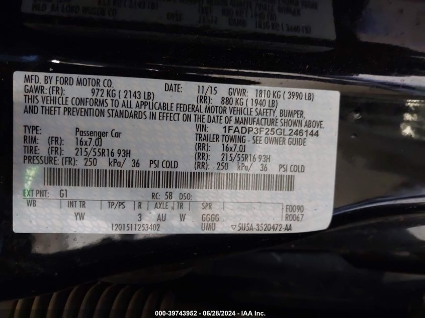 2016 Ford Focus Se VIN: 1FADP3F25GL246144 Lot: 39743952