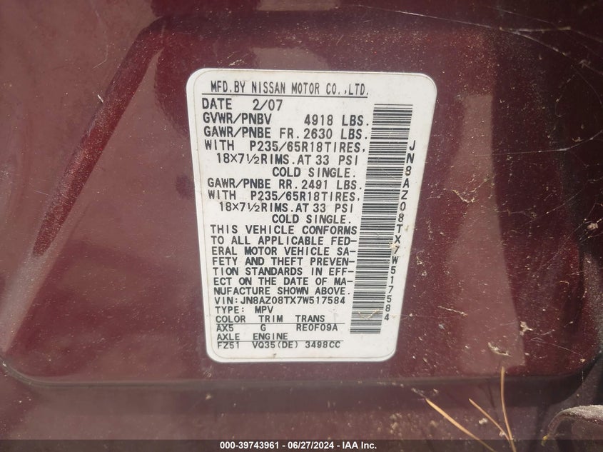 2007 Nissan Murano Sl VIN: JN8AZ08TX7W517584 Lot: 39743961