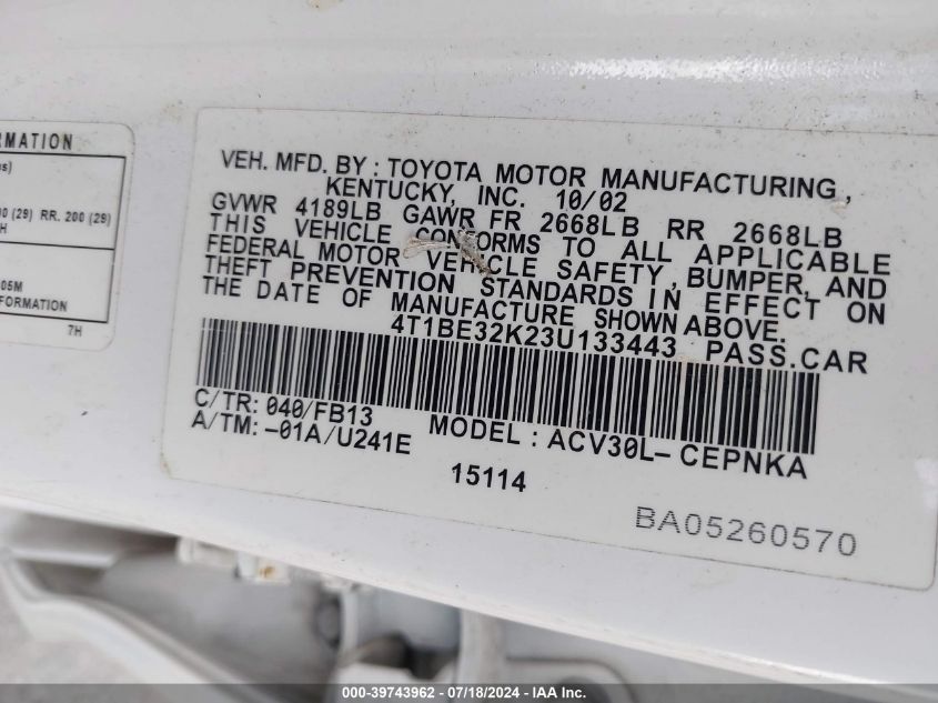 2003 Toyota Camry Le VIN: 4T1BE32K23U133443 Lot: 39743962