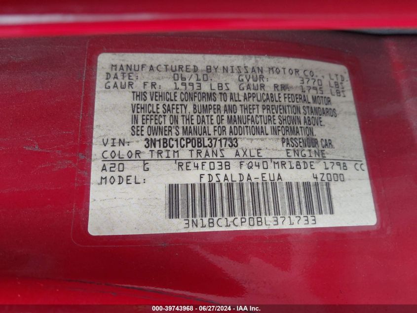 2011 Nissan Versa 1.8S VIN: 3N1BC1CP0BL371733 Lot: 39743968