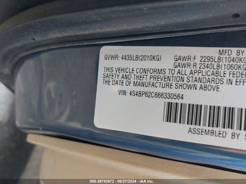 2006 Subaru Legacy Outback 2.5I Limited VIN: 4S4BP62C666330564 Lot: 39743972