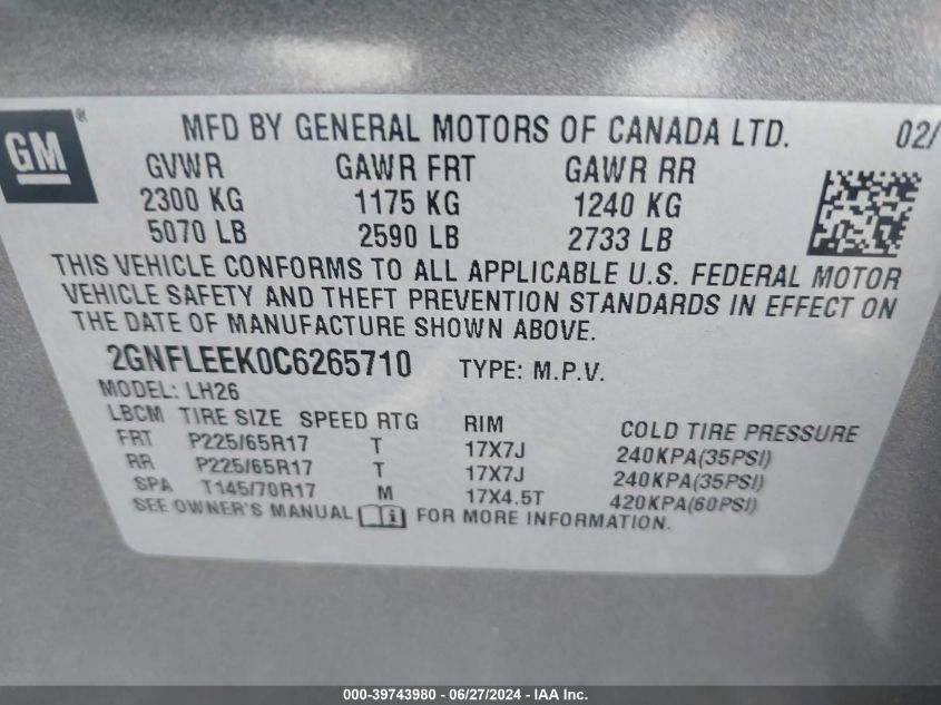 2012 Chevrolet Equinox 1Lt VIN: 2GNFLEEK0C6265710 Lot: 39743980