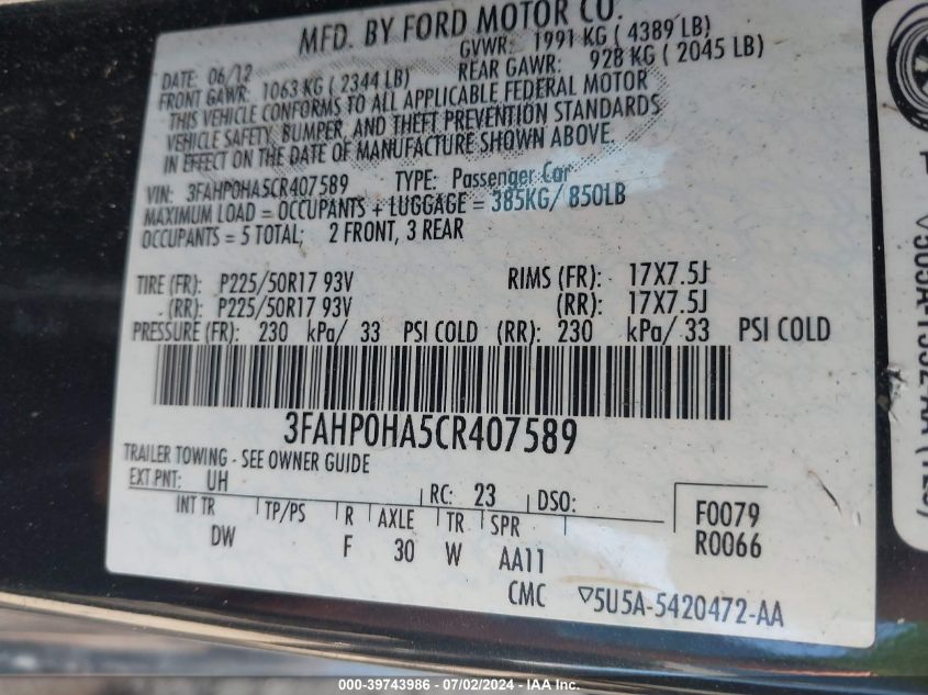 2012 Ford Fusion Se VIN: 3FAHP0HA5CR407589 Lot: 39743986