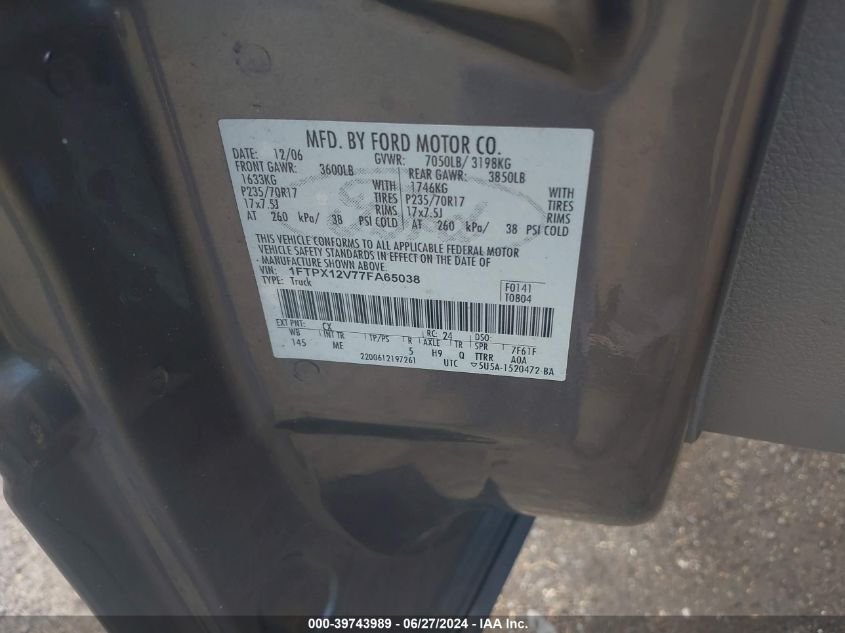 2007 Ford F-150 Lariat/Stx/Xl/Xlt VIN: 1FTPX12V77FA65038 Lot: 39743989