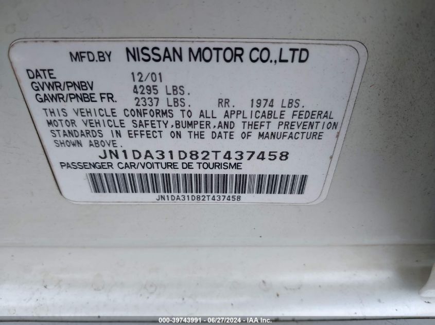 2002 Nissan Maxima Se VIN: JN1DA31D82T437458 Lot: 39743991