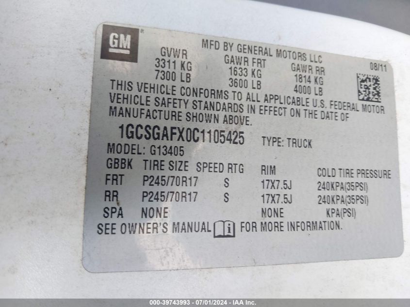 2012 Chevrolet Express 1500 Work Van VIN: 1GCSGAFX0C1105425 Lot: 39743993