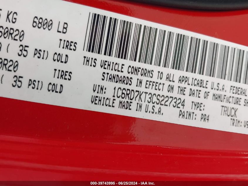 2012 Ram 1500 St VIN: 1C6RD7KT3CS227324 Lot: 39743995