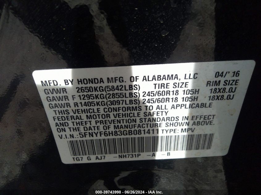 2016 Honda Pilot Exl VIN: 5FNYF6H83GB081411 Lot: 39743998