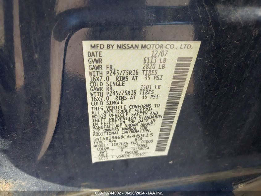 2008 Nissan Pathfinder S VIN: 5N1AR18B68C646915 Lot: 39744002