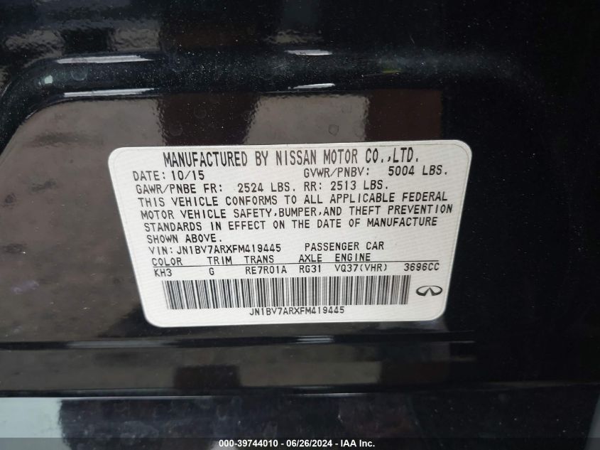 2015 Infiniti Q50 Premium/Sport VIN: JN1BV7ARXFM419445 Lot: 39744010